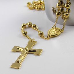 High Quality Never Fade Gold Plated Stainless Steel Buddhist Rosary Necklace Crucifix Round Beads Chain 28+4.5" Fine Gift Unisex