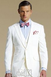 Custom Made Two Button Ivory Groom Tuxedos Peak Lapel Groomsmen Best Man Wedding Prom Dinner Suits (Jacket+Pants+Vest+Tie) G5146
