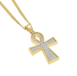 Iced Sand Blast Pendant Gold Silver Color Egyptian Key of Life Ankh Cross Pendant Necklace Men's Hip hop Jewelry