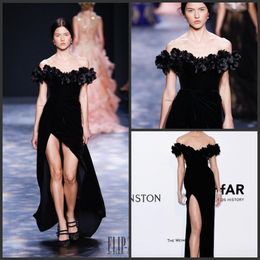 2020 New Black Marchesa Split Dresses Evening Wear Sheath Off Shoulder Party Evening Gowns Velvet Floor Length Celebrity Dress 272