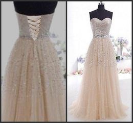 Popular Strapless Prom Dress Sweetheart Sleeveless Full Length Evening Party Formal Gown Sequins Crystals Lace-up Back Tulle Gown