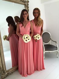 Designer Pink Deep V-Neck Ruched Long Bridesmaid Dresses Evening Prom Dresses vestido madrinha 2016 vestido de festa longo Party Gowns