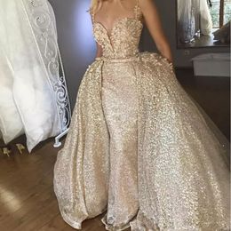 Sparkly Champagne Sequined Prom Dress With Over-Skirt Applique Sweetheart Mermaid Party Prom Dresses Glamorous Sexy Formal Evening Gowns