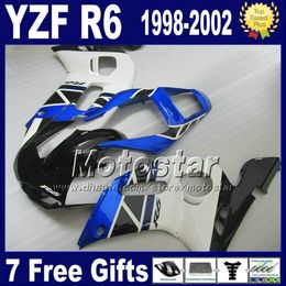 plastic fairing kit for yamaha yzf r6 9802 yzfr6 yzfr6 1998 1999 2000 2001 2002 black white blue fairings set vb96