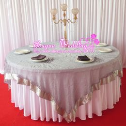 10PCS 90''*90'' Rose Pattern Square Silver Colour Organza Flocking Overlay Tablecloth For Wedding,Party,Hotel Use