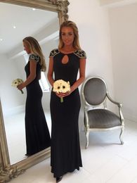 2016 Black Keyhole Mermaid Long Bridesmaid Dresses Evening Dresses Beaded Crystal Sequins Capped Sleeve Party Prom Dresses Formal Outfits