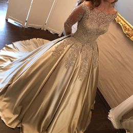 Sheer Long Sleeves Prom Dresses Beaded Lace Appliques Off Shoulder Satin Court Train Ball Gown Party Dress Elegant Long Evening Dresses