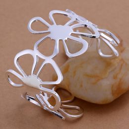 NEW 925 STERLING SILVER FOUR BIG FLOWERS WIDE CUFF BANGLE BRACELETS Jewellery 925 Silver Bracelet fashion top grade Jewellery 1325