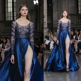 Zuhair Murad Sexy Prom Dresses Side Split Sequins Crystal Luxury Long Sleeve Evening Dress Jewel Neck Sweep Train Formal Party Plus Size