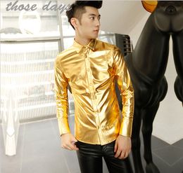 Wholesale-Mens Gold Shirt New Gold Shirt Men Long Sleeve Faux Leather Paillette Gold Shirt Men Luxury Club Black Korean Clothes