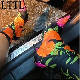 2017 Retro Floral Print Stretch Fabric Bootie Women Pointy Toe Covered Heel Boot Sexy Stiletto Ankle Boots Slip On Shoes Woman