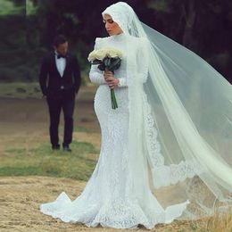 High Neck Modest Muslim Mermaid Wedding Dresses Long Sleeves Vintage Lace Appliques Wedding Gowns Custom Made Bridal Dress