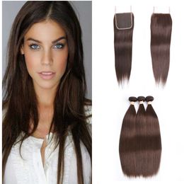 Light Brown Peruvian Straight Hair Wefts With Closure 4Pcs Lot #4 Chocolate Brown Human Hair 3Bundles With 4x4 Lace Closure