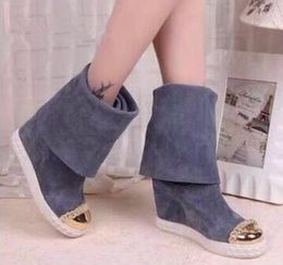 Gold metal round toe woman boots high quality suede height increasing wedge boot leather wedge shoes knee high boots