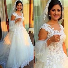 Vintage 2016 Lace Wedding Dresses V Neck Capped A Line Plus Size Wedding Dress Sweep Train Tulle Personalized Retro Bridal Gowns