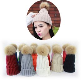 Large faux rubbit fur ball pom pom knitted hat women's winter Woollen beanie hat many Colours