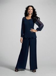 Dark Navy Chiffon Mother Bride Pant Suits with Jacket Sheer Illusion Long Sleeves Lady Formal Wear Elegant Suits for Wedding Party d115