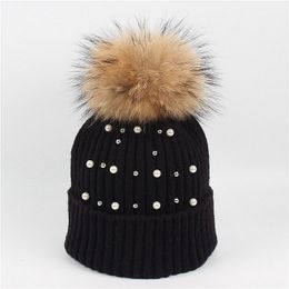 High Quality Bling diamond Hat lady 15cm raccoon hair ball knit cap tide winter rabbit fur pearl wrap warm winter hat wholesale