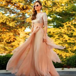 2021 Sequined Rose Gold Dresses Evening Party Wear Prom Gowns Jewel 3/4 Long Sleeve Cheap Chiffon Long Pageant Party Dresses New