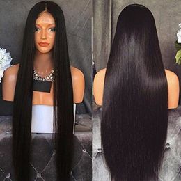 Long Natural Looking Silky Straight Wigs Heat Resistant Japan Fibre Black Colour Hair Glueless Semi Soft Synthetic Lace Front Wig B8761564