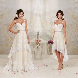 2020 New Detachable Skirt A Line Vintage Bridal Gowns Spaghetti Straps Crystal Beaded Sash High Low Short Lace Wedding Dresses 033