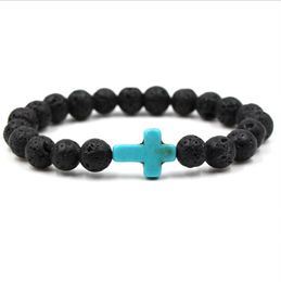 8 Colours Cross Charms 8MM Black Lava Stone Beads Elastic Bracelet Essential Oil Diffuser Bracelet Volcanic Rock Beaded Hand Strings