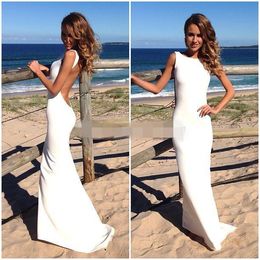 White Simple Prom Dresses 2016 Vintage Bateau Backless Evening Dress Long Formal Beach Party Gown Fitted Maxi Dresses Cheap robe de soiree