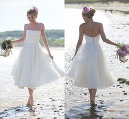 Little White Wedding Dress High Quality Tea Length Strapless Pleats Organza Pure White Reception Dress Beach Wedding Gowns Plus Size