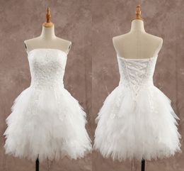 2022 Short Wedding Dresses Cheap Appliques Knee Length Strapless Backless Little White Dress Spring Summer StyleTulle Ruffles Wedding Gowns