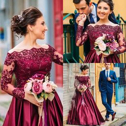 2018 New Arabic Burgundy Prom Dresses Off Shoulder Long Sleeves Illusion Beaded Purple Satin Sweep Train Formal Party Dress Evening Gowns