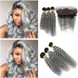 Dark Root Silver Grey Ombre Virgin Human Hair Weaves with 13x4 Lace Frontal Closure Deep Wave 1B/Grey Ombre 3Bundles with Lace Frontal