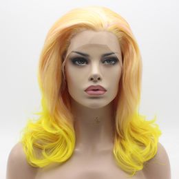 Iwona Hair Wavy Shoulder Length Pink Root Yellow Ombre Wig 19#3100B/3300 Half Hand Tied Heat Resistant Synthetic Lace Front Wig