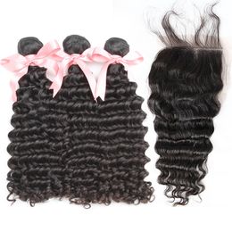 greatremy unprocessed 100 malaysian human hair extensions deep wave 1pc lace closure with 3pcs hair bundles 4x4 full head