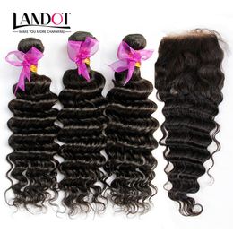 Eurasian Virgin Hair Deep Wave With Closure 7A Unprocessed Curly Human Hair Weave 3 Bundles And 1Piece Top Lace Closures Natural Black Wefts