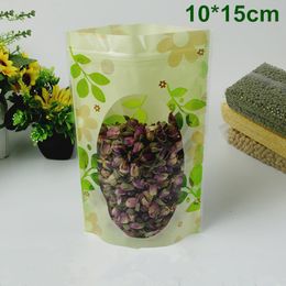 DHL 700Pcs/Lot 10*15cm Stand Up Green Leaf PE Plastic Doypack Pouch Zipper Window Bag Food Storage Packaging Packing Bag Polybag