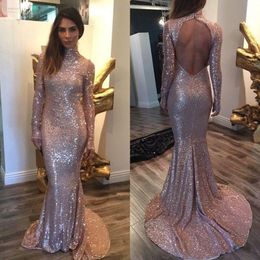 Sparkly Bling Sequin Mermaid Prom Dresses Trumpet Long Sleeve Evening Dress Sexy Backless vestidos de formatura Party Gowns for graduation