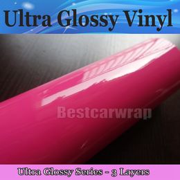 Premium Rose pink 3 Layers Gloss Vinyl wrap High Glossy Car Wrap Film with air Bubble Free vehicle wrap covering foil Size:1.52*20M/Roll 5x65ft Low tack Glue