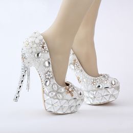 Wholesales White Pearl Bridal Wedding Shoes Flower Tassel Pendant 14cm High Heel Prom Party Shoes Bride Wedding Event Pumps