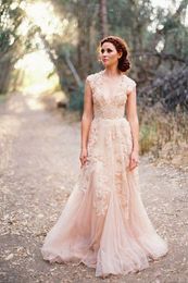 Cheap Blush Pink Country Beach A Line Wedding Dresses V Neck Lace Appliques Champagne Tulle Long Sweep Train Reem Acra Formal Bridal Gowns