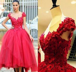 Red Evening Dress Jewel Sheer Neck Applique Tiered Ruffle Formal Holiday Wear Prom Party Gown Custom Made Plus Size