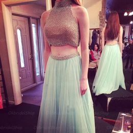 High Neck Sweet Strapless Beaded Top Two Piece Evening Prom Dresses A Line Tulle Cheap Prom Gowns Party Dresses Custom Made