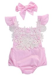 Summer Baby Girls Rompers Short Sleeve Pink Baby Girls Lace Floral Rompers Jumpsuit Headband Baby Girls Clothes Kids Clothing 0-18 Months