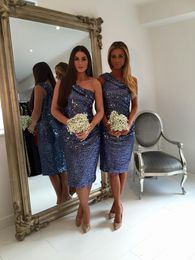 Delicate Blue Sequin Gold Sequin Short Bridesmaid Dresses 2016 Open Back Cocktail Party Dresses One Shoulder Cheap Short Sleeve Sheath