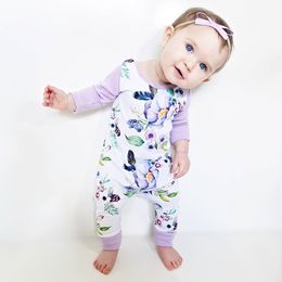 Lovely Newborn Baby Girls Clothes Kids Romper Purple Floral Print Cotton Jumpsuit Baby Clothes Outfit Long Sleeve Baby Rompers Spring Autumn