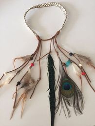 Wholesale-2015 Indian Exotic Boho Vacation Feather Leather Headband Hair Band Belt Necklace Jewelry NA001
