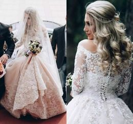 Off The Shoulder Long Sleeve Wedding Dresses With Jacket Lace Applique Sweep Train Country Bridal Gown Luxury Plus Size Wedding Dress