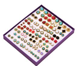 2018 new fashion box packed girl Madam mix 50 style 50Pairs Gold Turquoise Earring crystal resin gemstone Stud Earring