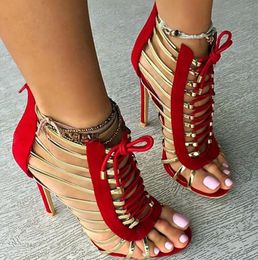 Ladies Gold Straps Cut Out Women Sandals Ankle summer Booties Open Toe Elastic Band Lace Up Thin High Heels Fretwork Dress Shoes