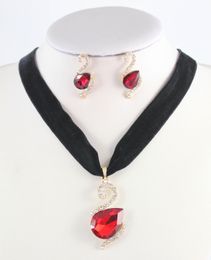 90s Velvet Choker Necklace Earring Gothic Water Drop Crystal Pendant Jewelry Sets
