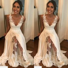 Romantic 2017 Boho Beach Country Wedding Dresses With Lace And Chiffon V Neck Side Split Long Bridal Gowns Plus Size Custom Made EN11223